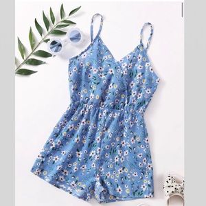 SHEIN Girls Floral & Pants Print Romper